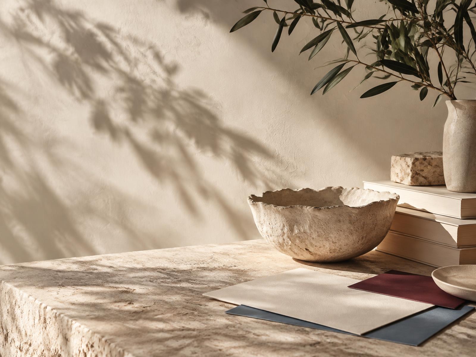 Sunlit sculptural bowl, books and paper on a limestone table